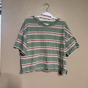 Small Lucky Brand Green and Pink Striped Casual Neutral Short Sleeved T-Shirt